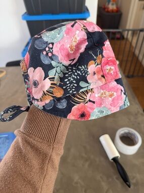 Floral Cotton Baby Sun Hat - Pink on Navy